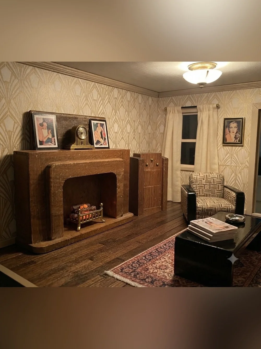 Vintage Miniature Wood Dollhouse Fireplace and Floor Radio